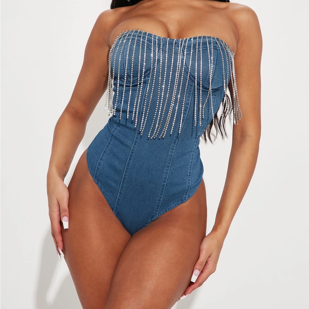 Strapless Denim Bodysuit with Rhinestone Fringe